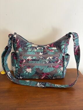 lug Tropical Teal and Pink Leaf Print Crossbody Bag